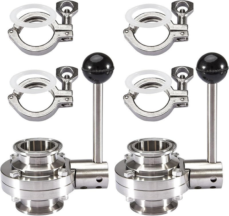 Pindex 2 Pack 2 Inch Heavy Duty Butterfly Valves with Pull Handle and 4 Pcs 2" 190g Heavy Duty Tri Clamp with Silicone Gasket 304 Stainless Steel Sanitary TC Fittings - Image 1